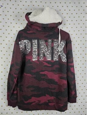 Victorias Secret Pink Sherpa Lined Hood RED Camo BLING Sequined Pullover Sweater